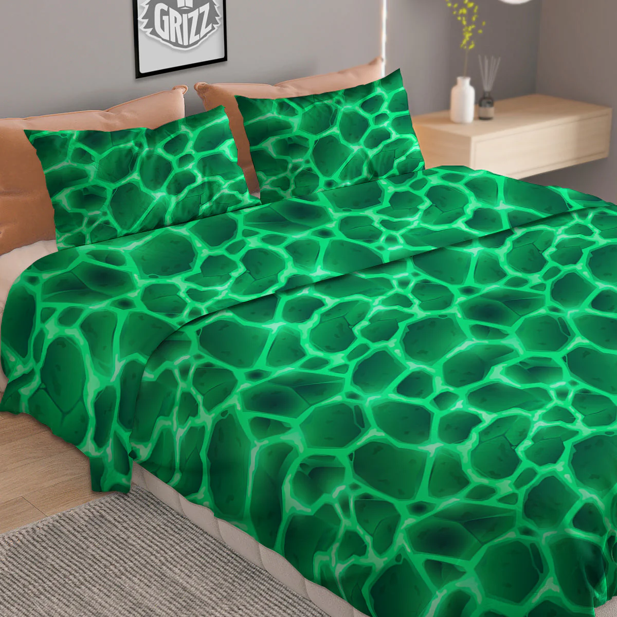 Liquid Lava Green Print Pattern Duvet Cover Bedding Set - Image 2