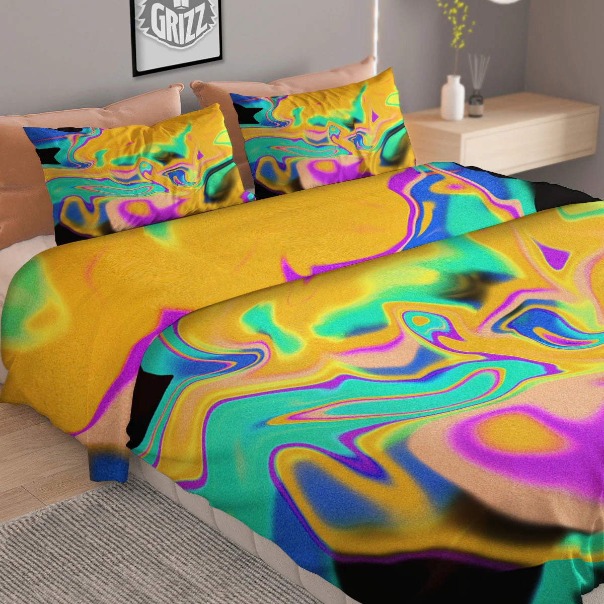 Liquid Trippy Holographic Neon Print Duvet Cover Bedding Set - Image 2
