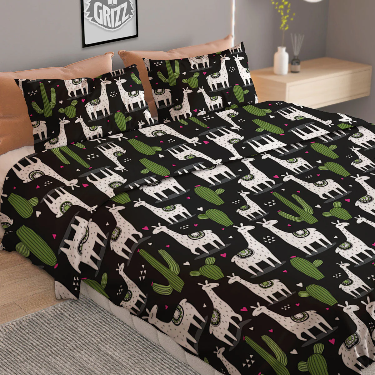 Llama And Cactus Print Pattern Duvet Cover Bedding Set - Image 2