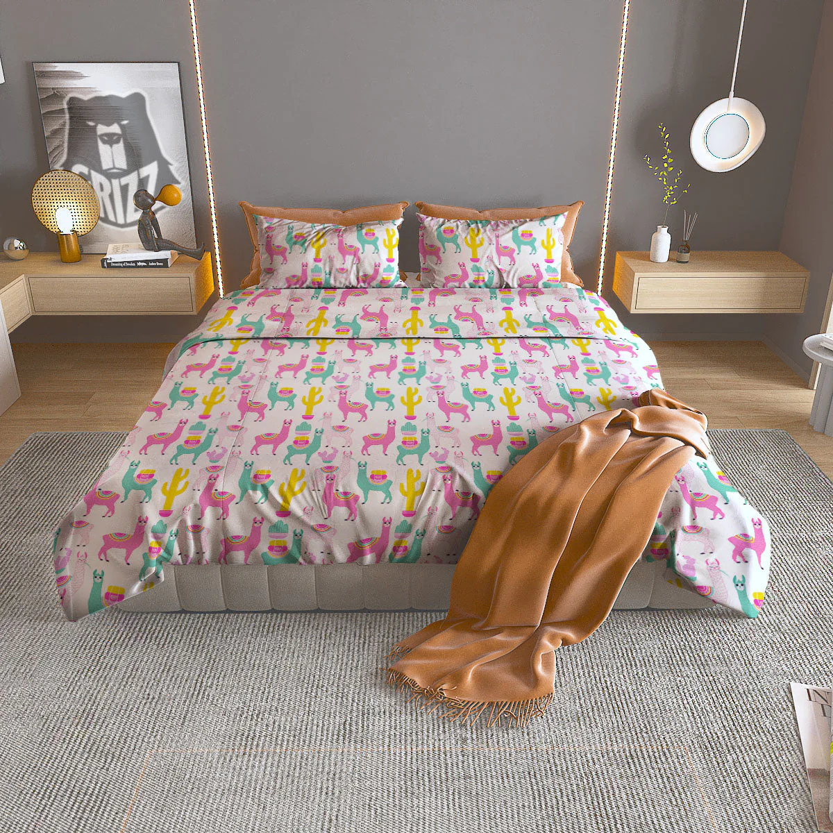 Llama And Cartoon Cactus Print Pattern Duvet Cover Bedding Set