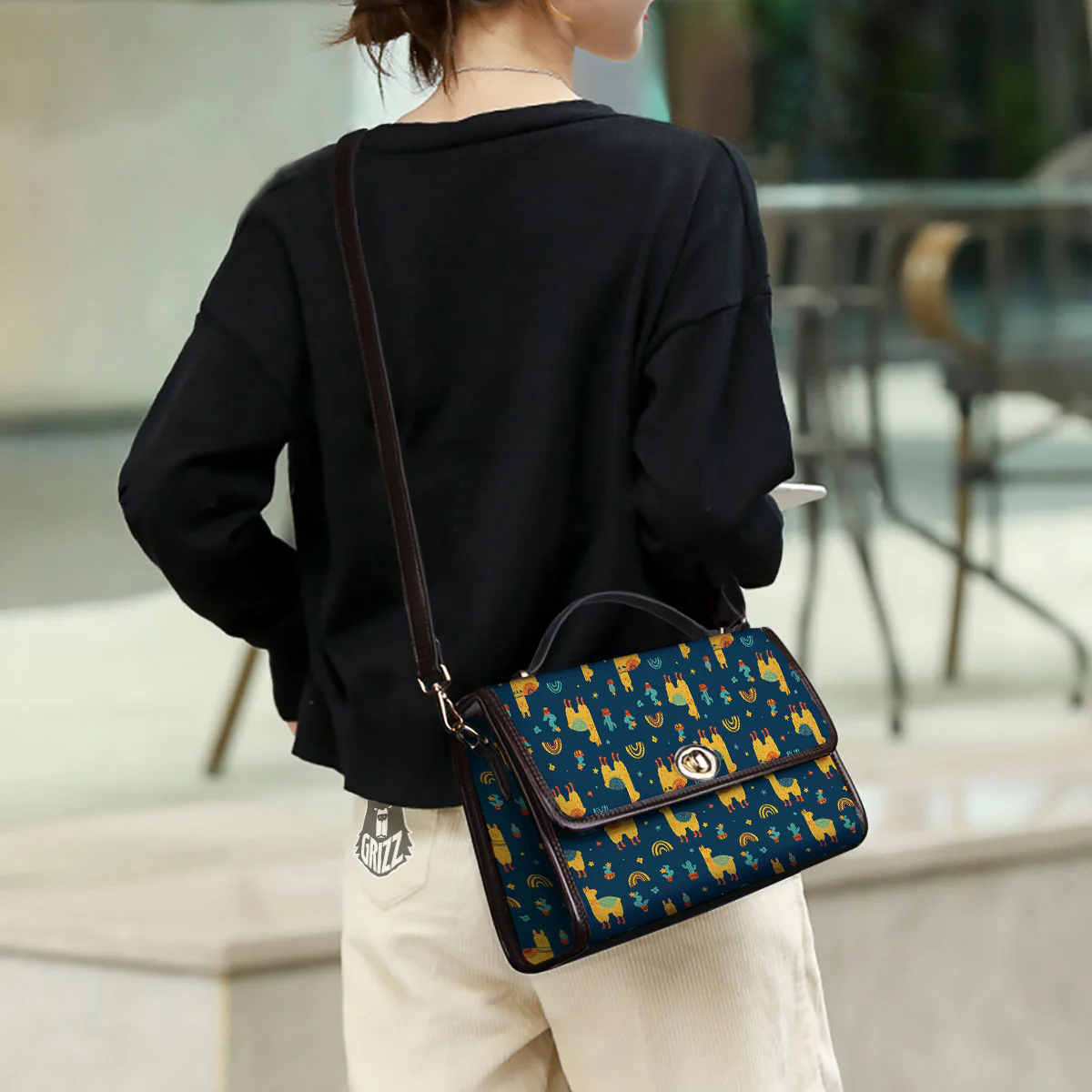 Llama Yellow Print Pattern Women's Satchel Bag - Image 3