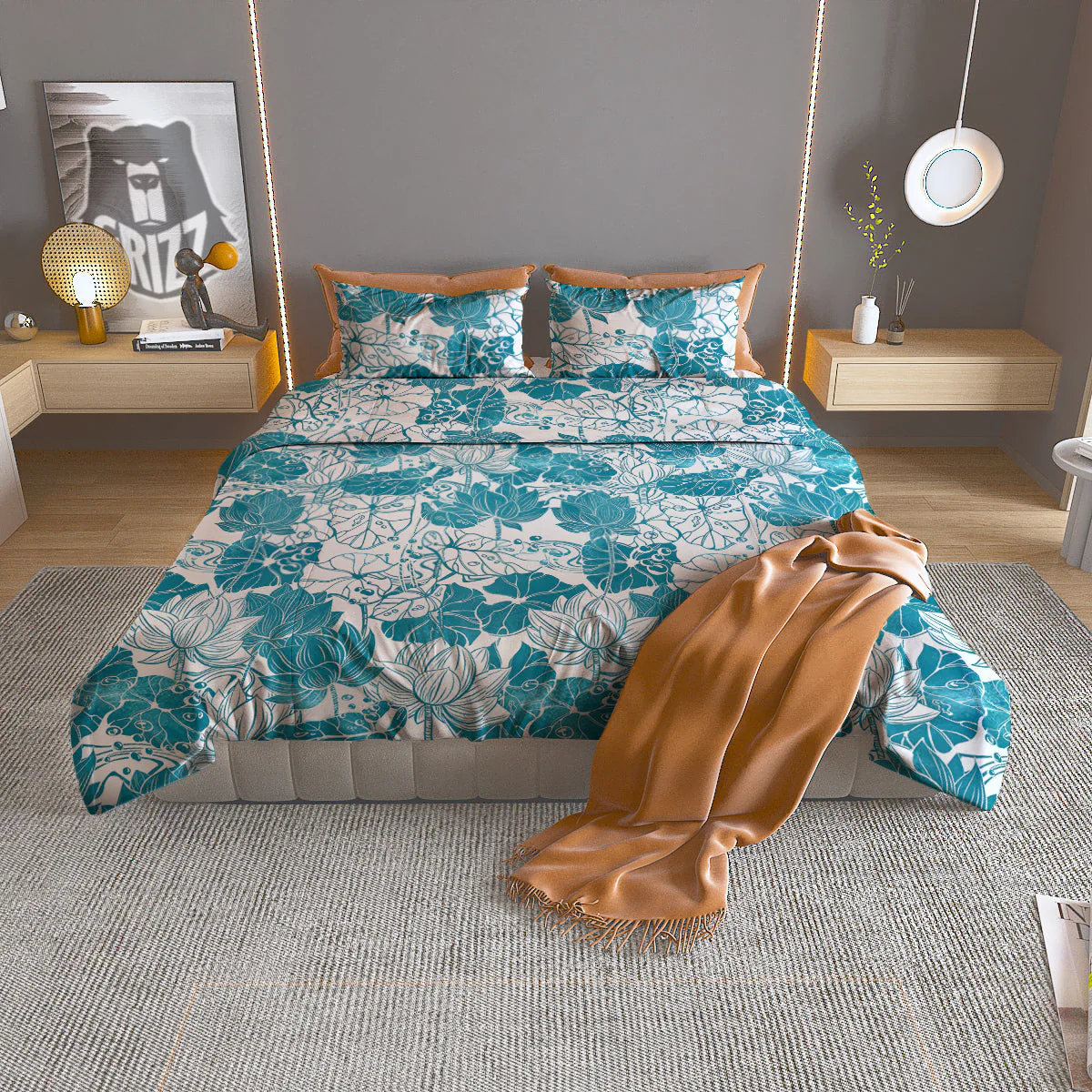 Lotus Blue And White Flower Print Pattern Duvet Cover Bedding Set