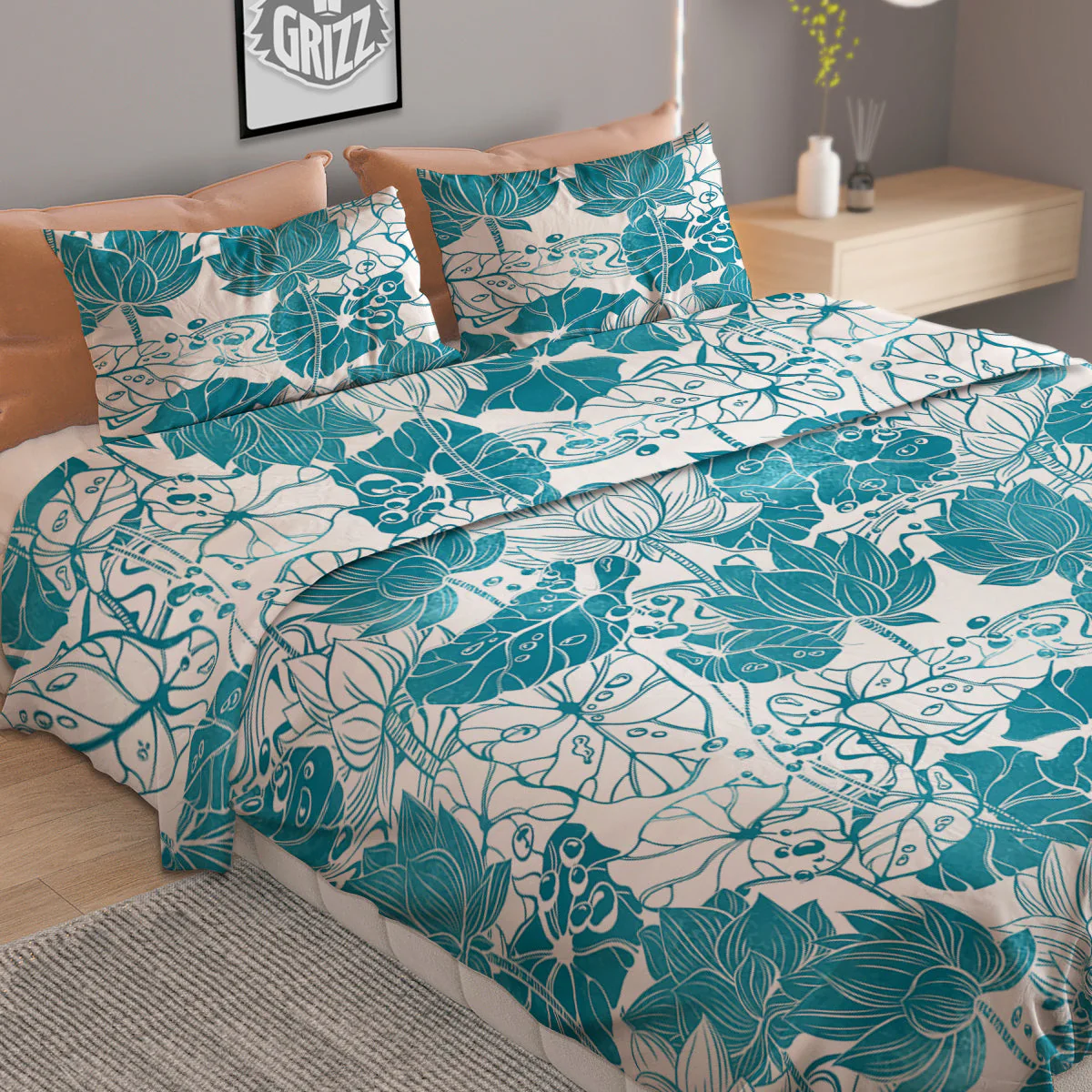 Lotus Blue And White Flower Print Pattern Duvet Cover Bedding Set - Image 2