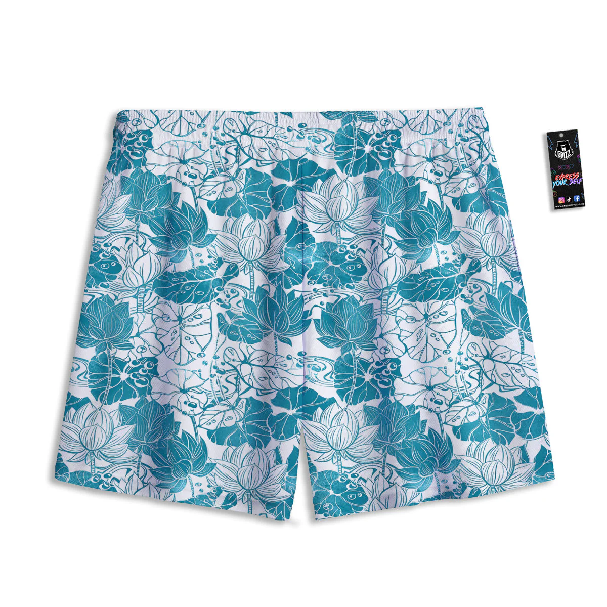 Lotus Blue And White Flower Print Pattern Mesh Shorts - Image 2