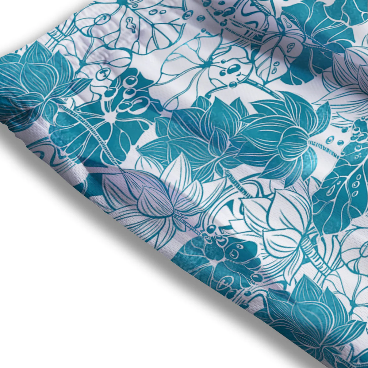 Lotus Blue And White Flower Print Pattern Mesh Shorts - Image 3