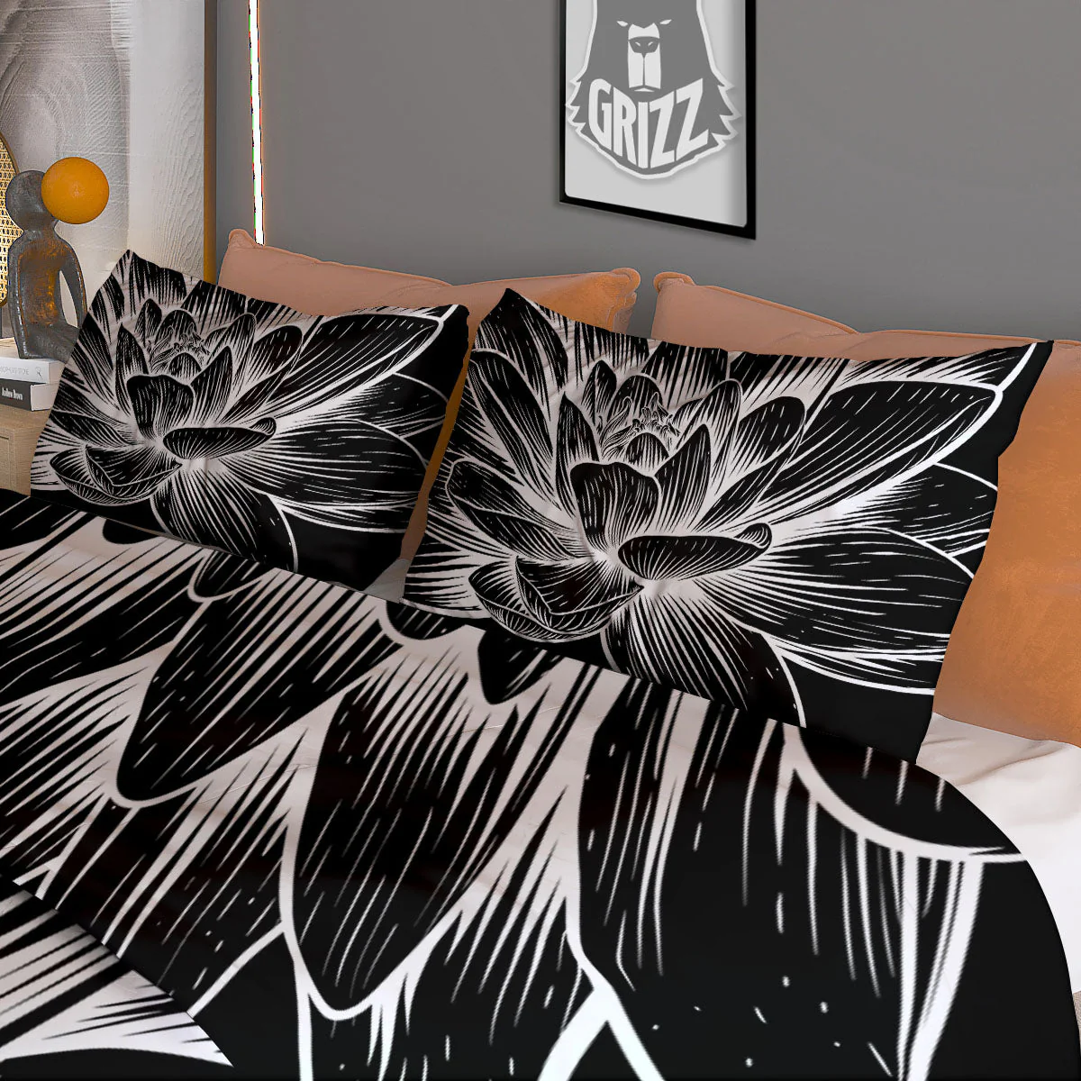 Lotus Flower White And Black Print Duvet Cover Bedding Set - Image 3