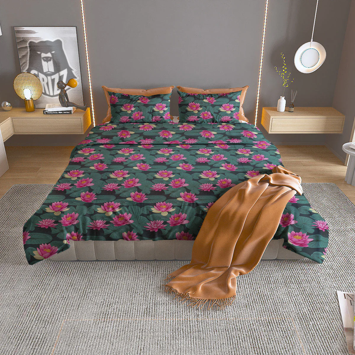 Lotus Hot Pink Print Pattern Duvet Cover Bedding Set