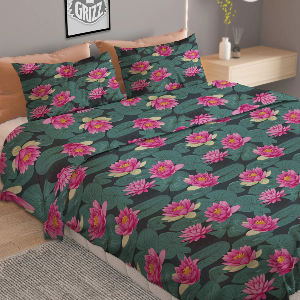 Lotus Hot Pink Print Pattern Duvet Cover Bedding Set - Image 2