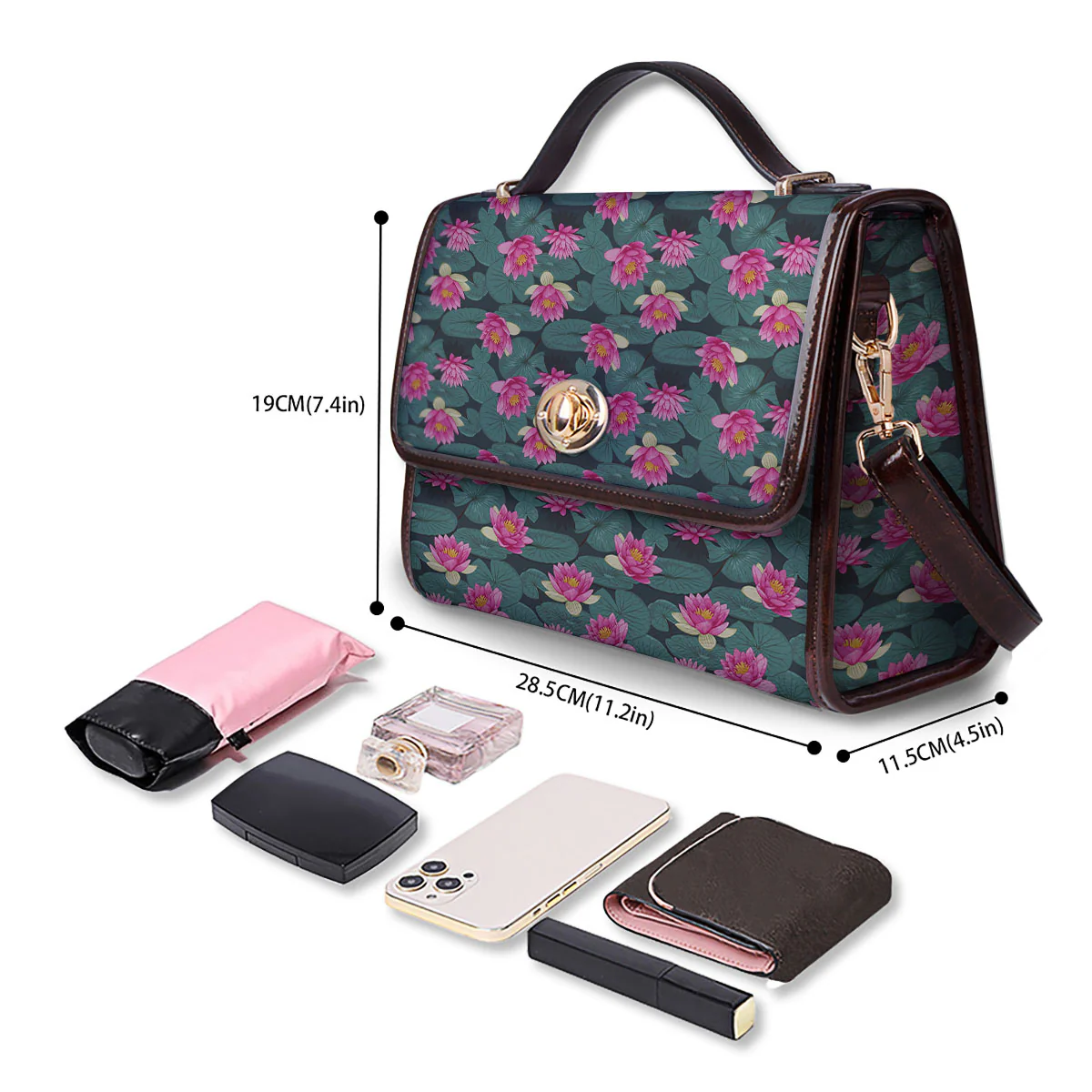 Lotus Hot Pink Print Pattern Women's Satchel Bag - Image 4