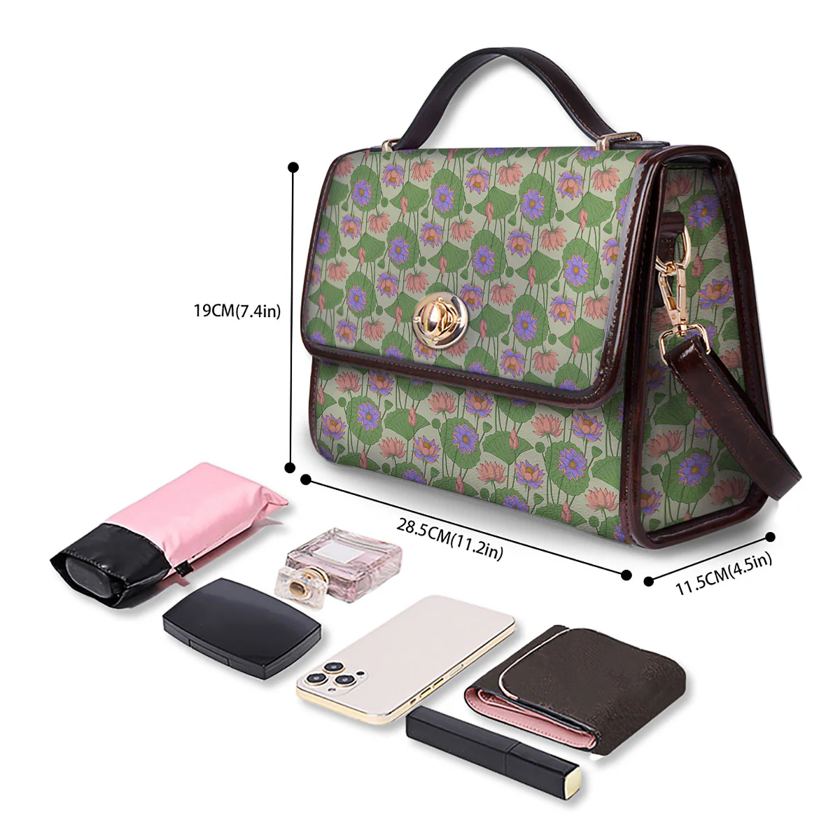 Lotus Leaf And Flower Print Pattern Women's Satchel Bag - Image 4