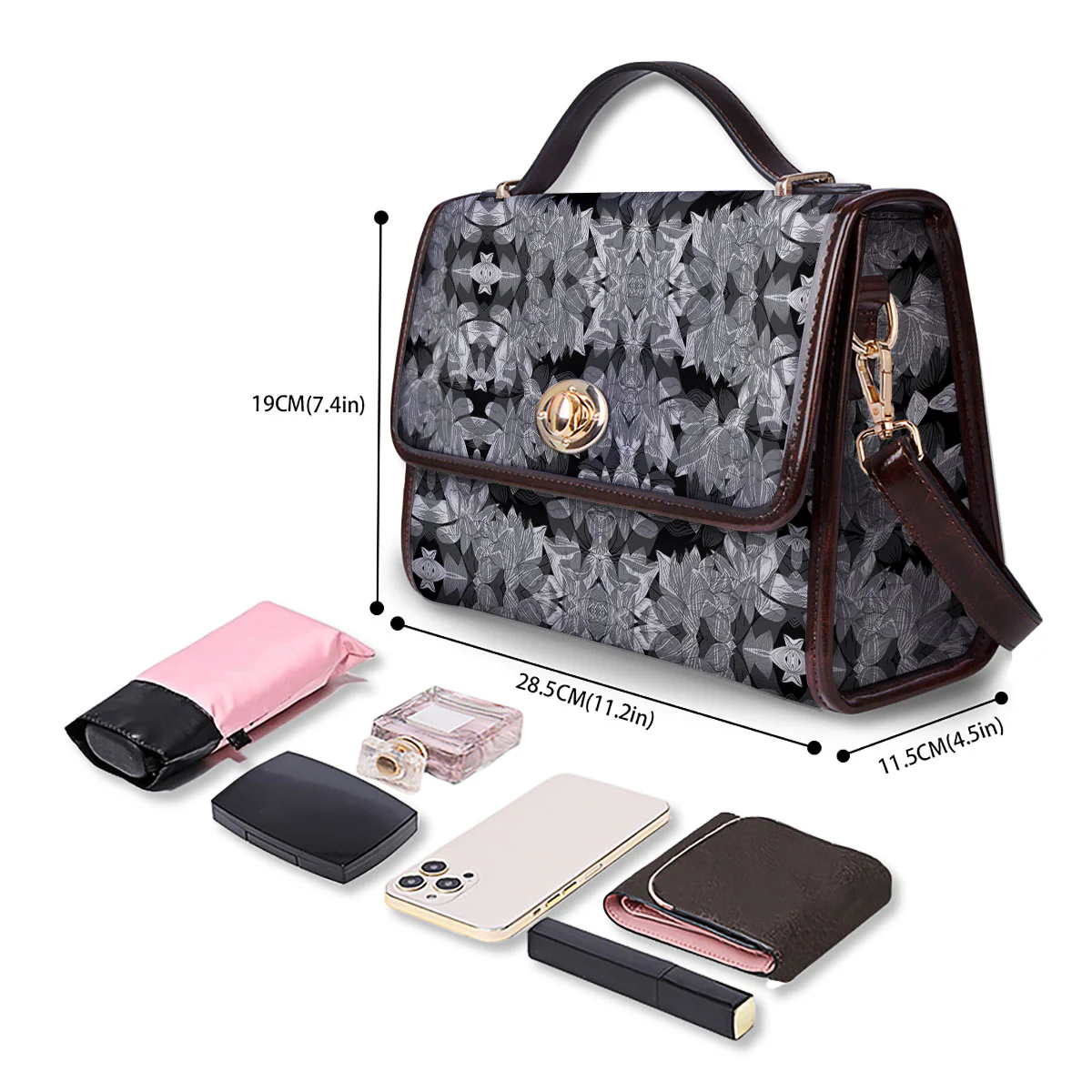 Lotus Monochrome Print Pattern Women's Satchel Bag - Image 4
