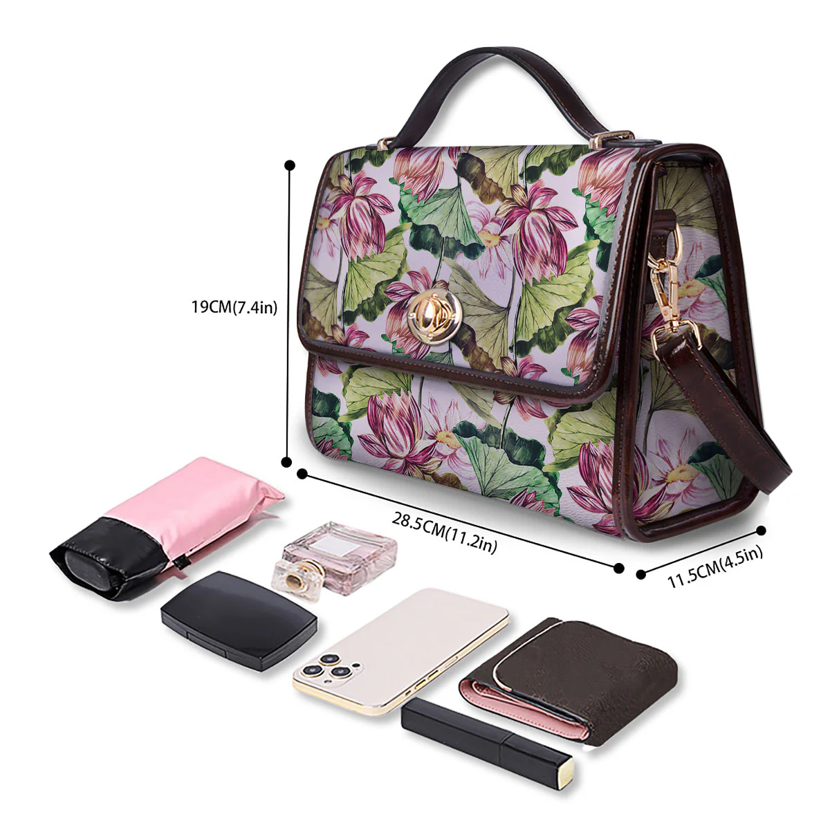 Lotus Pink Print Pattern Women's Satchel Bag - Image 4
