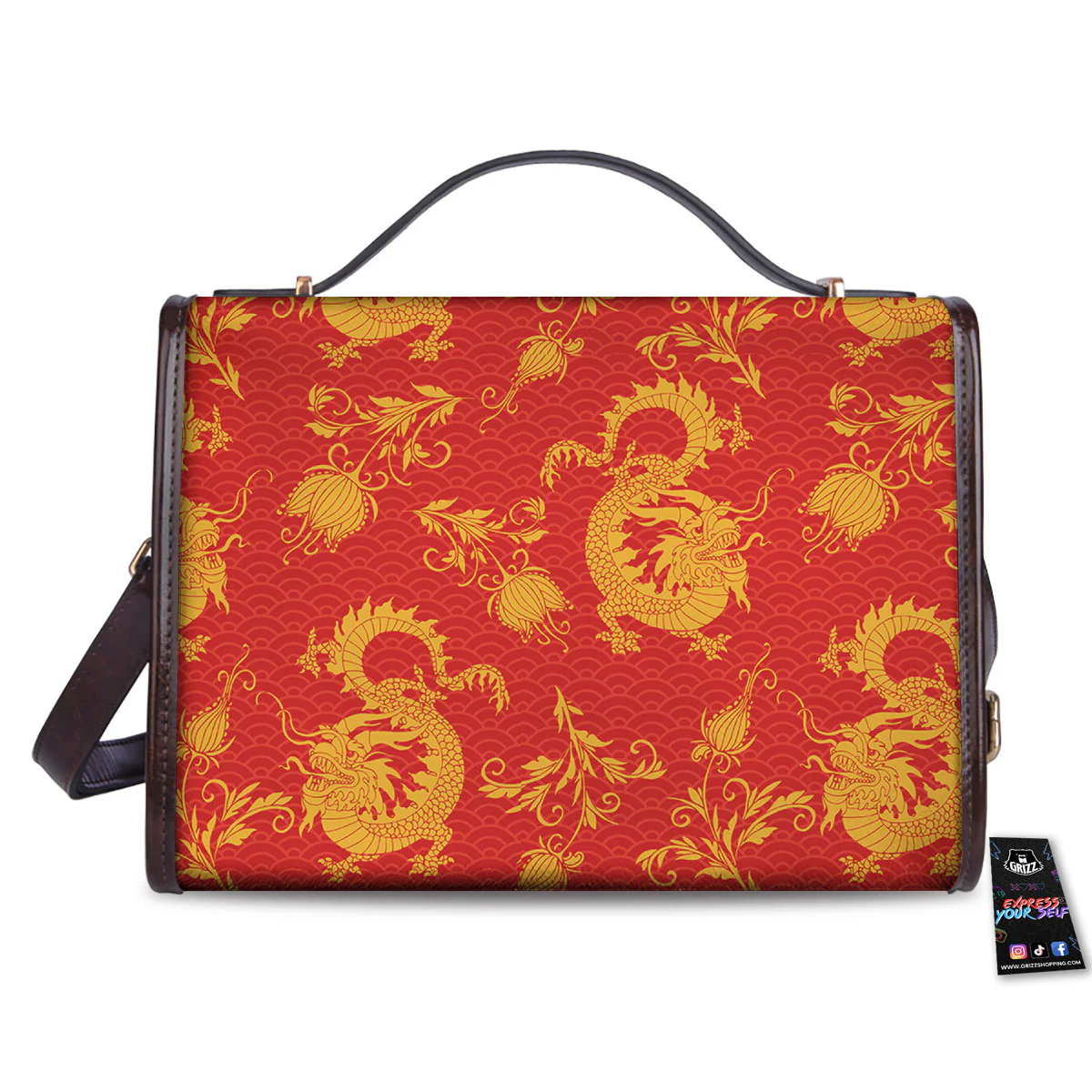 Lotus Red Dragon Print Pattern Women's Satchel Bag - Image 2