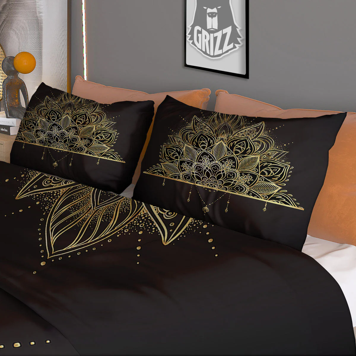 Lotus Spiritual Golden Print Duvet Cover Bedding Set - Image 3