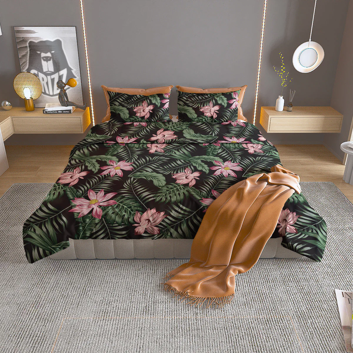 Lotus Tropical Print Pattern Duvet Cover Bedding Set