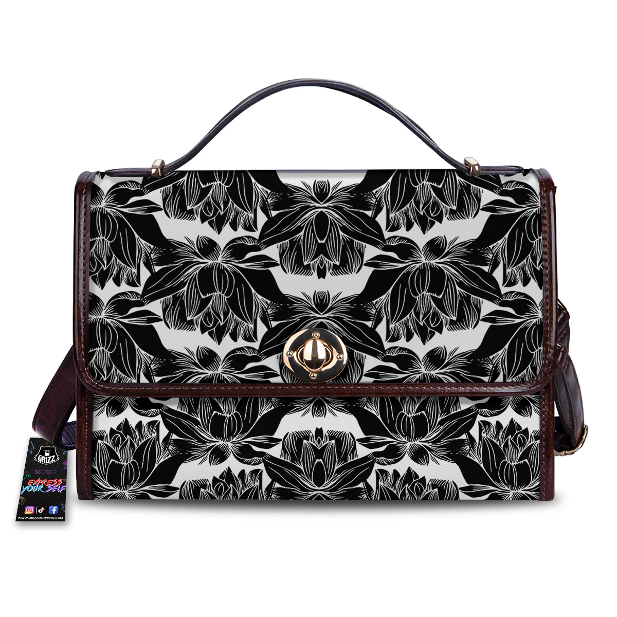 Lotus White And Black Print Pattern Women's Satchel Bag