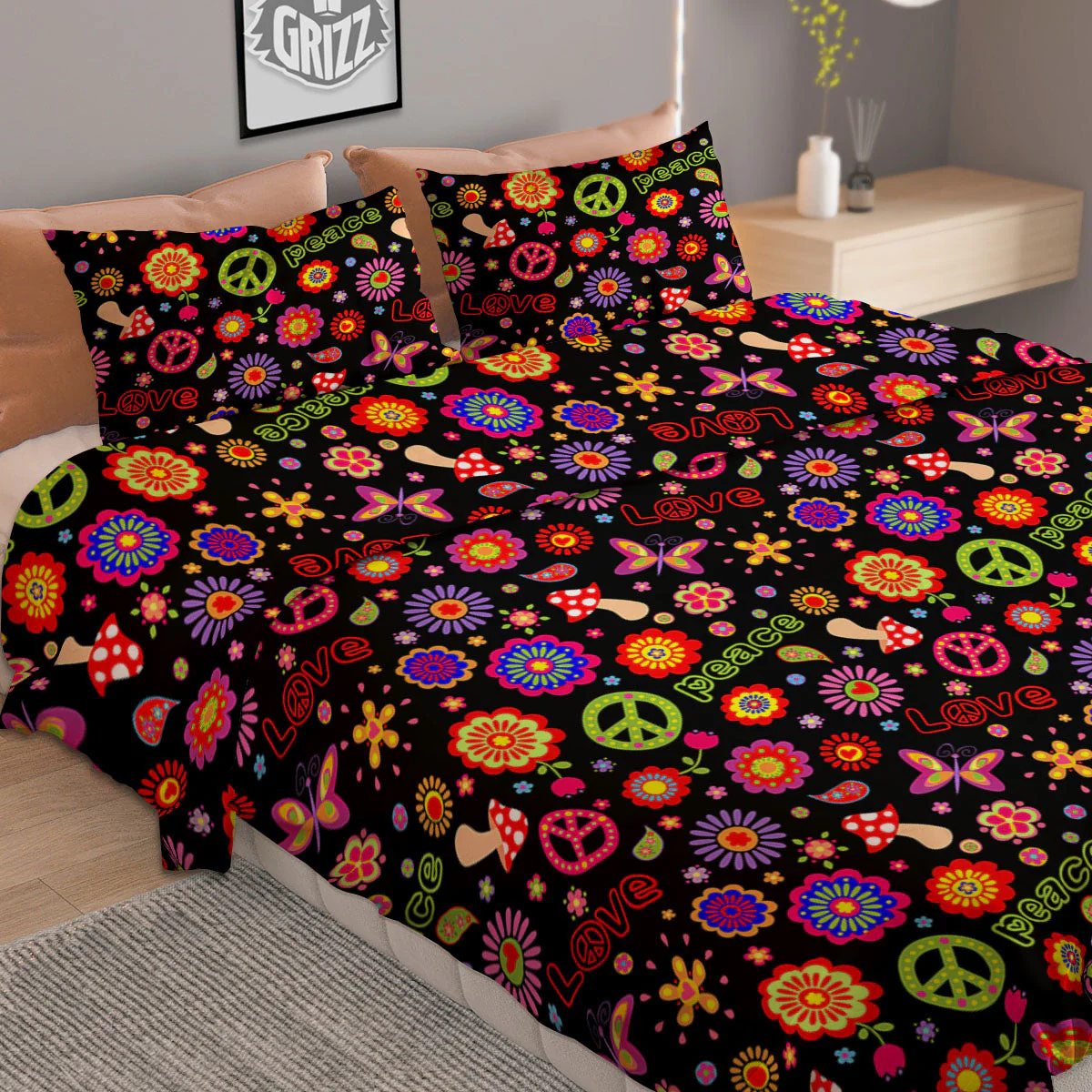 Love And Hippie Peace Sign Print Pattern Duvet Cover Bedding Set - Image 2