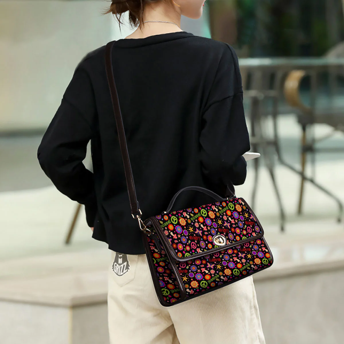 Love And Hippie Peace Sign Print Pattern Women's Satchel Bag - Image 3