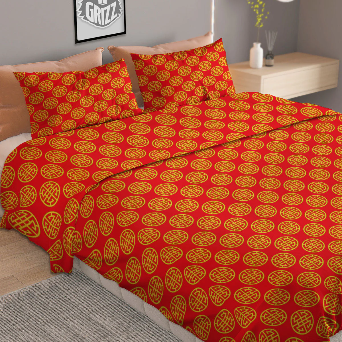 Lu Symbol Chinese Print Pattern Duvet Cover Bedding Set - Image 2