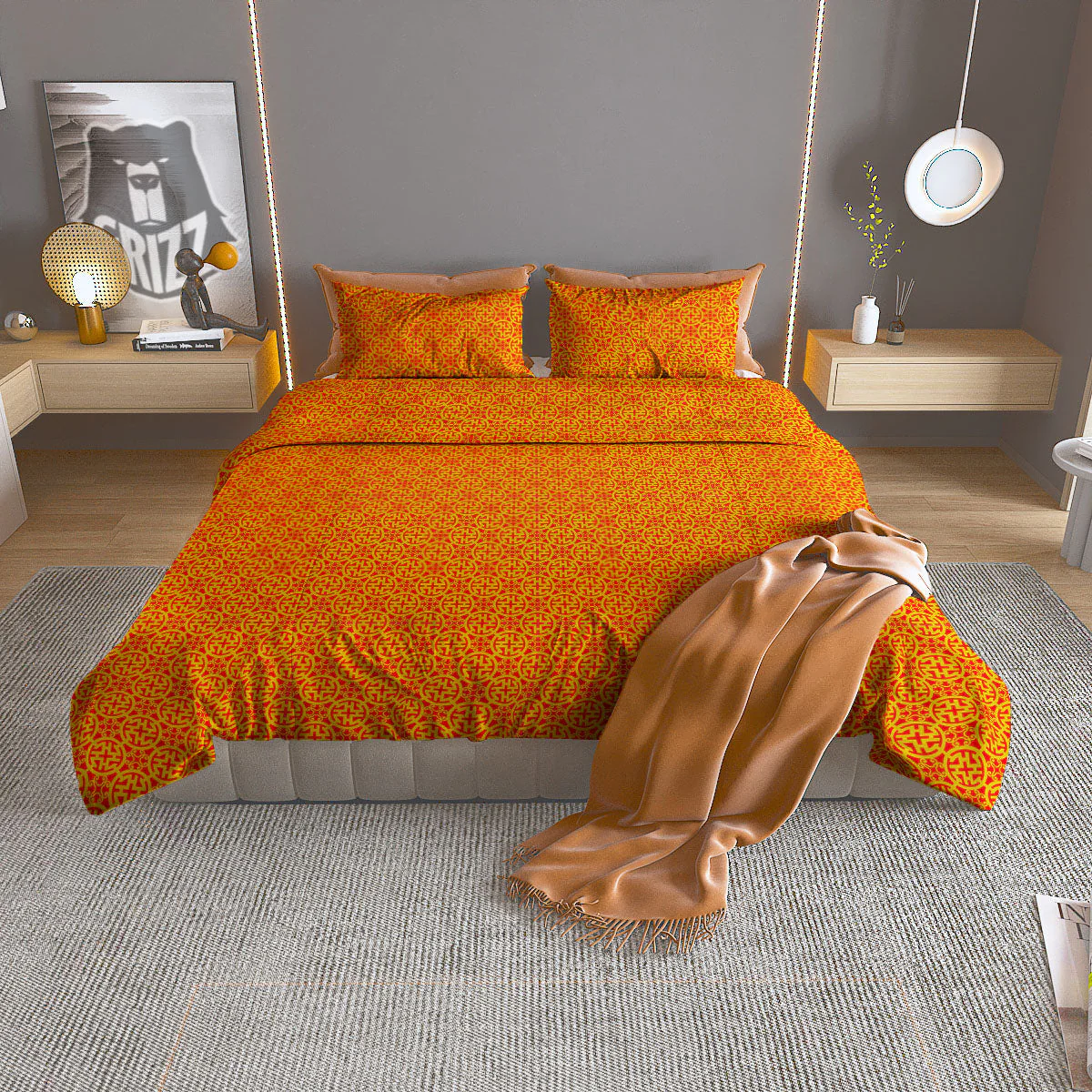 Luck Symbol Chinese Print Pattern Duvet Cover Bedding Set
