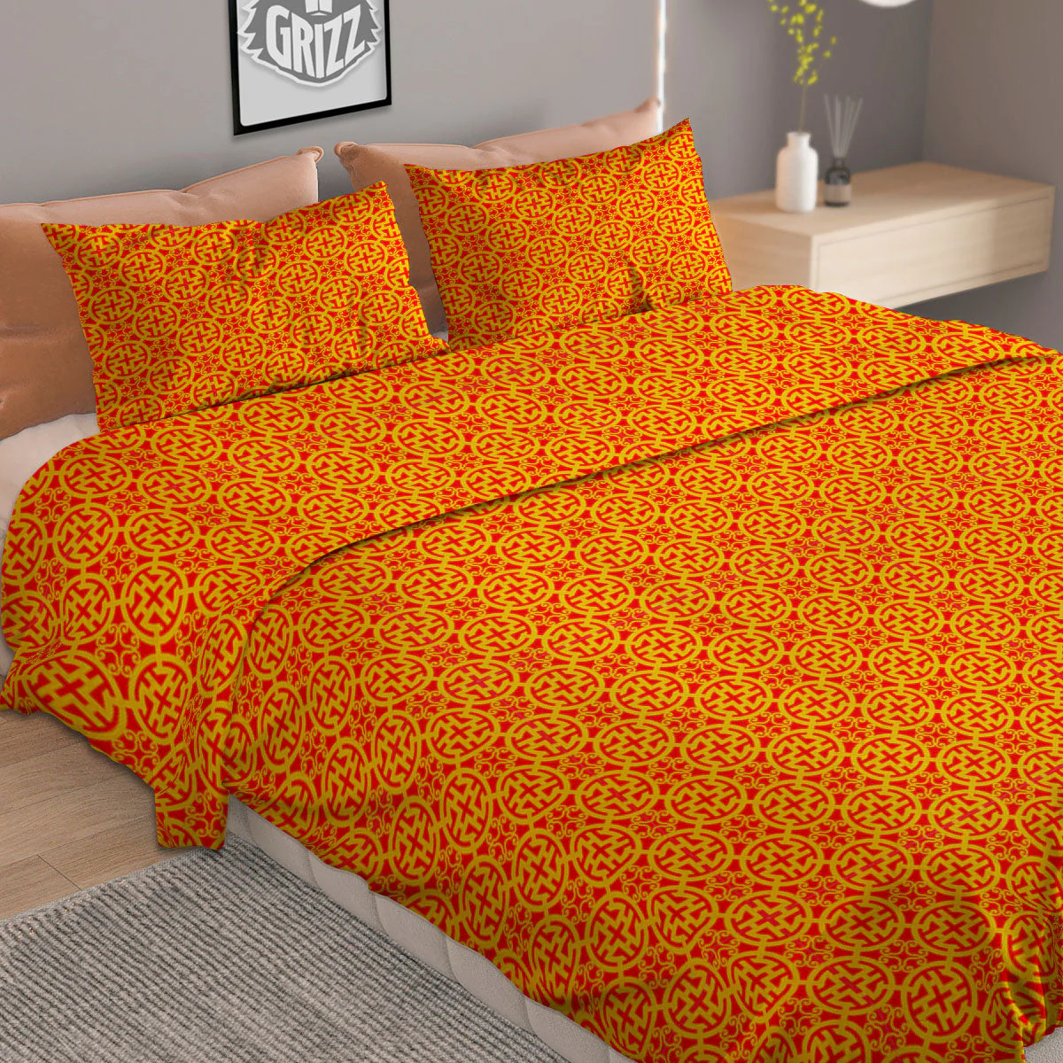 Luck Symbol Chinese Print Pattern Duvet Cover Bedding Set - Image 2