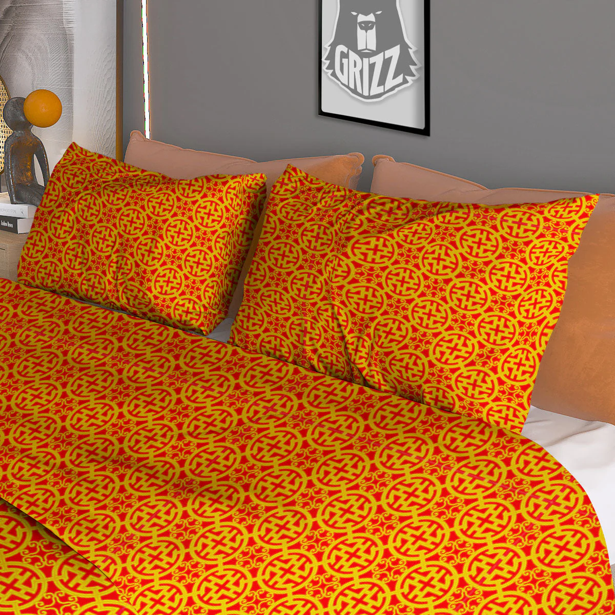 Luck Symbol Chinese Print Pattern Duvet Cover Bedding Set - Image 3