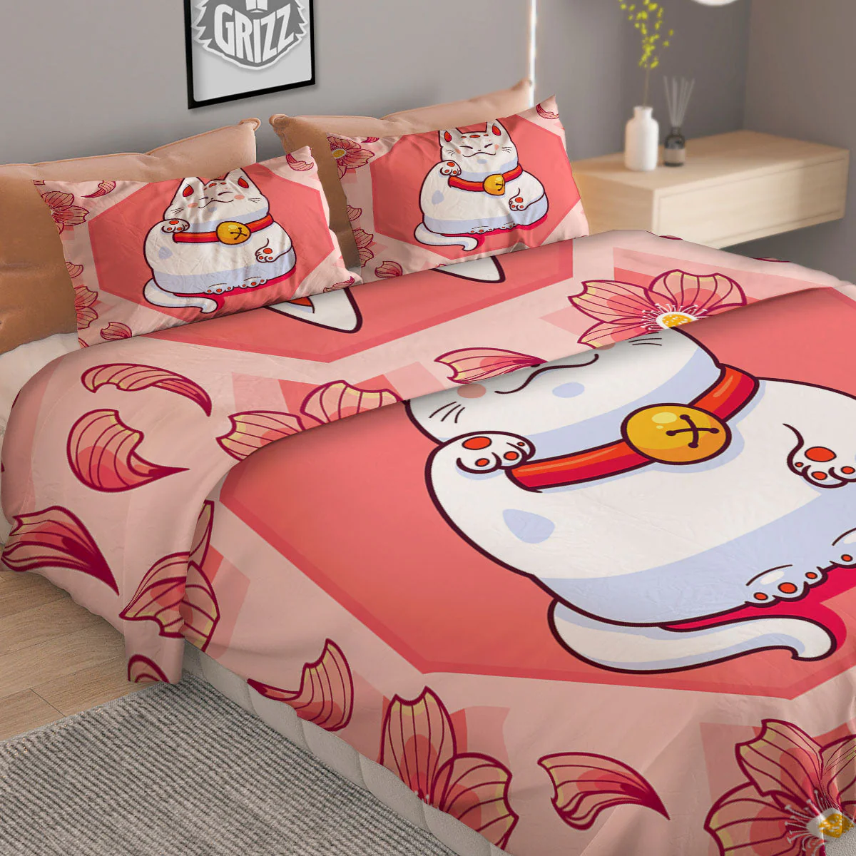 Lucky Cat And Sakura Japanese Print Duvet Cover Bedding Set - Image 2