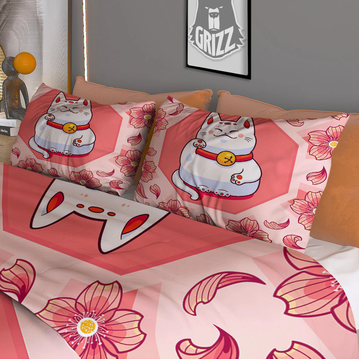 Lucky Cat And Sakura Japanese Print Duvet Cover Bedding Set - Image 3