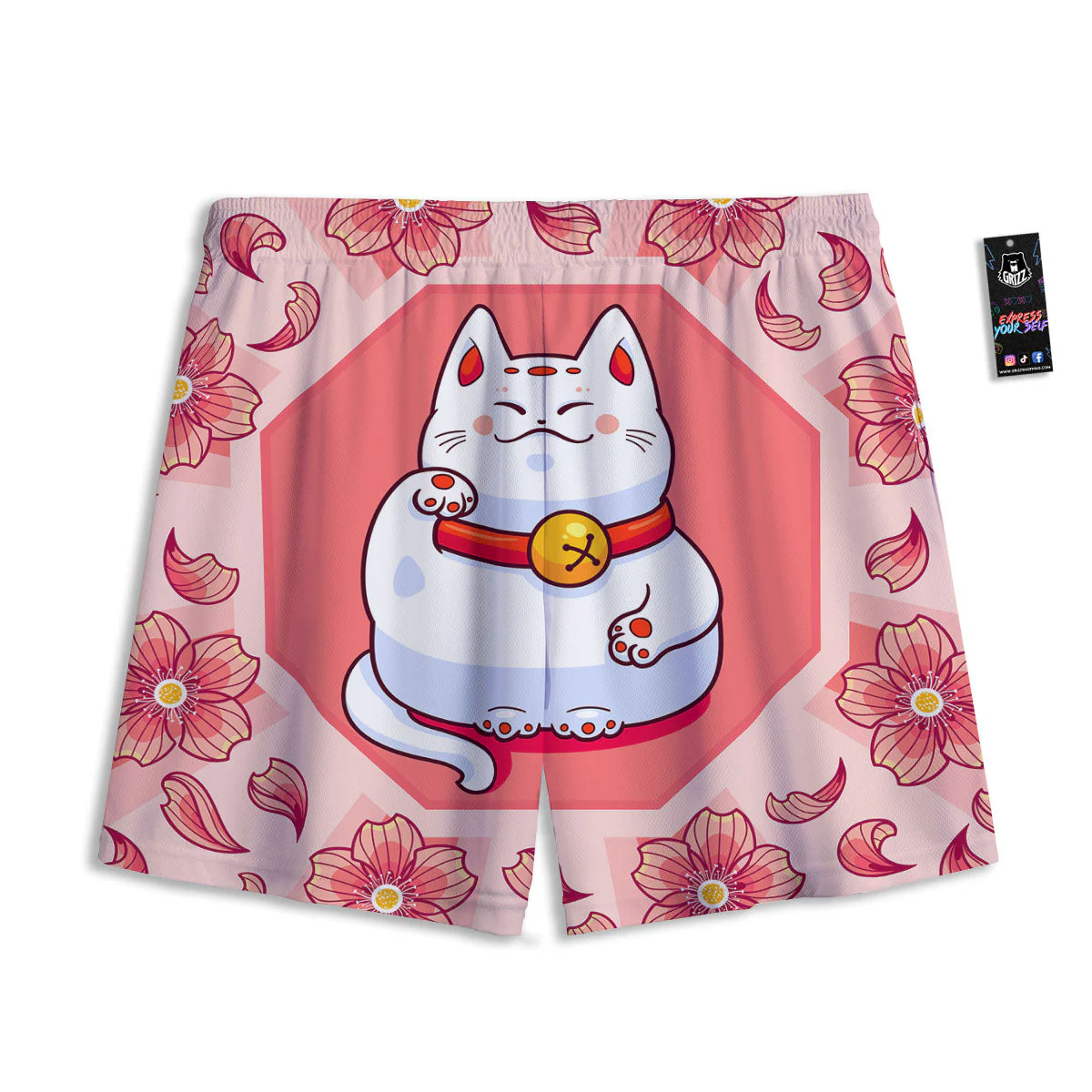 Lucky Cat And Sakura Japanese Print Mesh Shorts - Image 2
