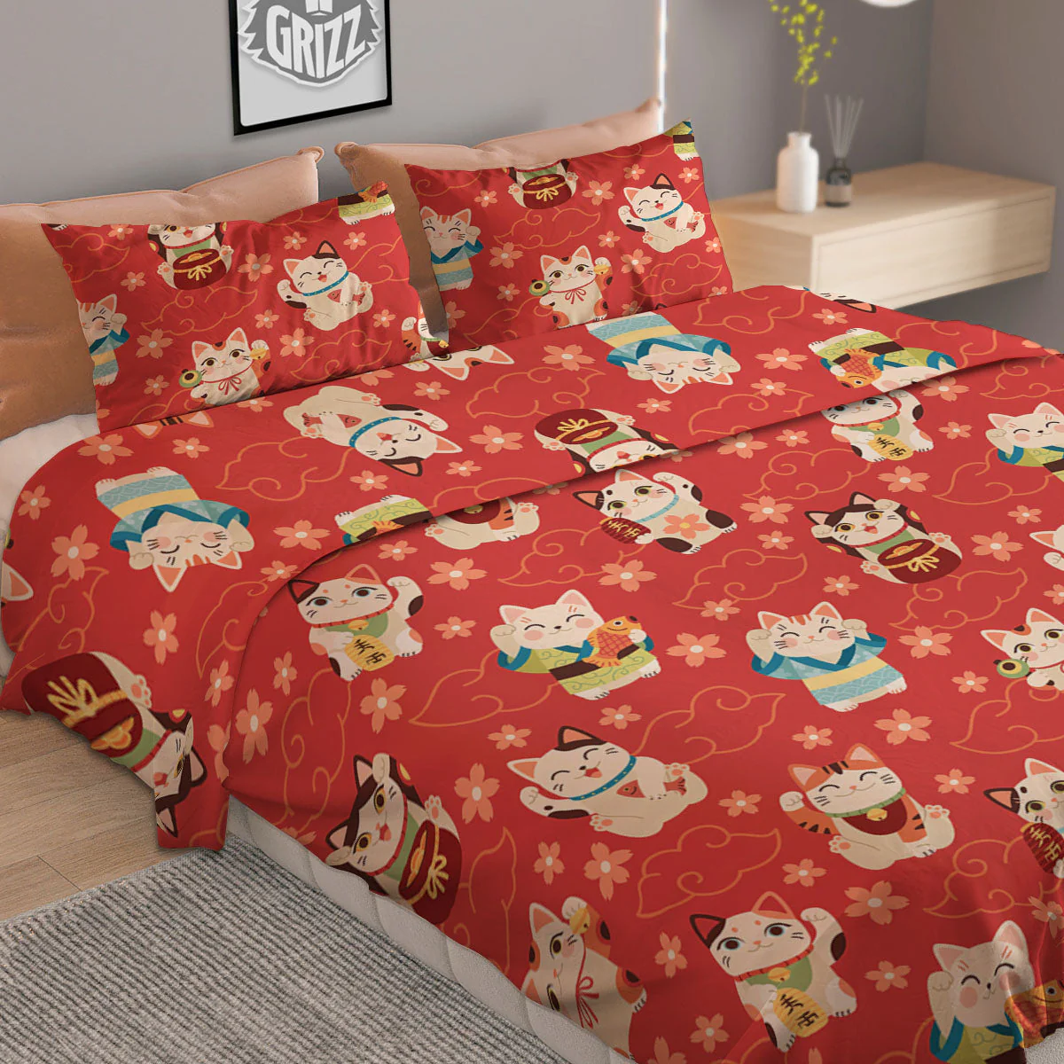 Lucky Cat Japanese Print Pattern Duvet Cover Bedding Set - Image 2
