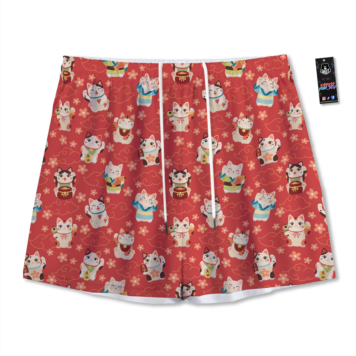 Lucky Cat Japanese Print Pattern Mesh Shorts