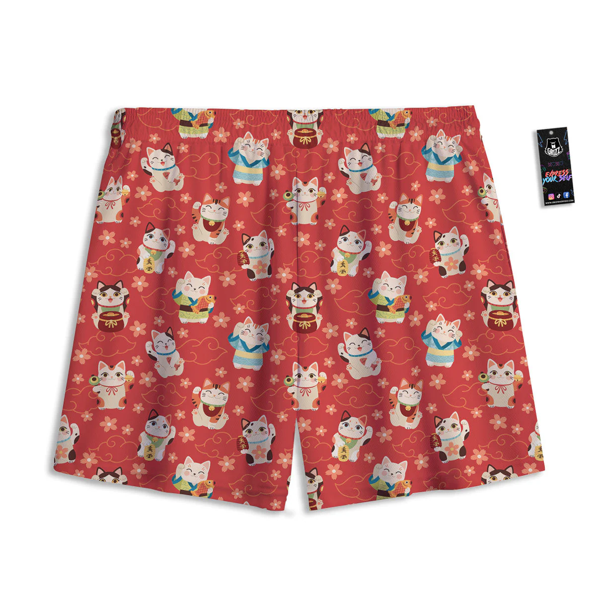 Lucky Cat Japanese Print Pattern Mesh Shorts - Image 2