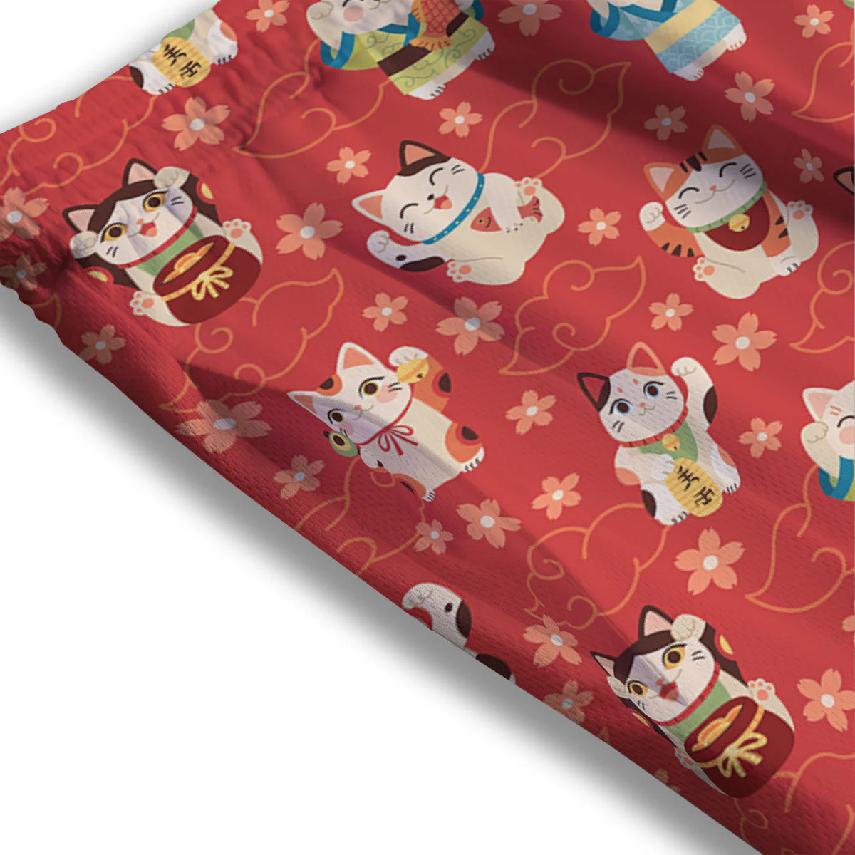 Lucky Cat Japanese Print Pattern Mesh Shorts - Image 3