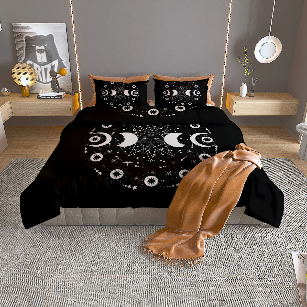 Lunar Phase Galaxy Print Duvet Cover Bedding Set