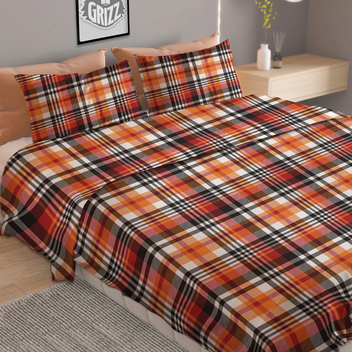 Madras Plaid Black And Orange Print Pattern Duvet Cover Bedding Set - Image 2