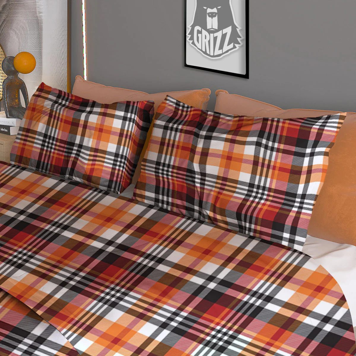 Madras Plaid Black And Orange Print Pattern Duvet Cover Bedding Set - Image 3