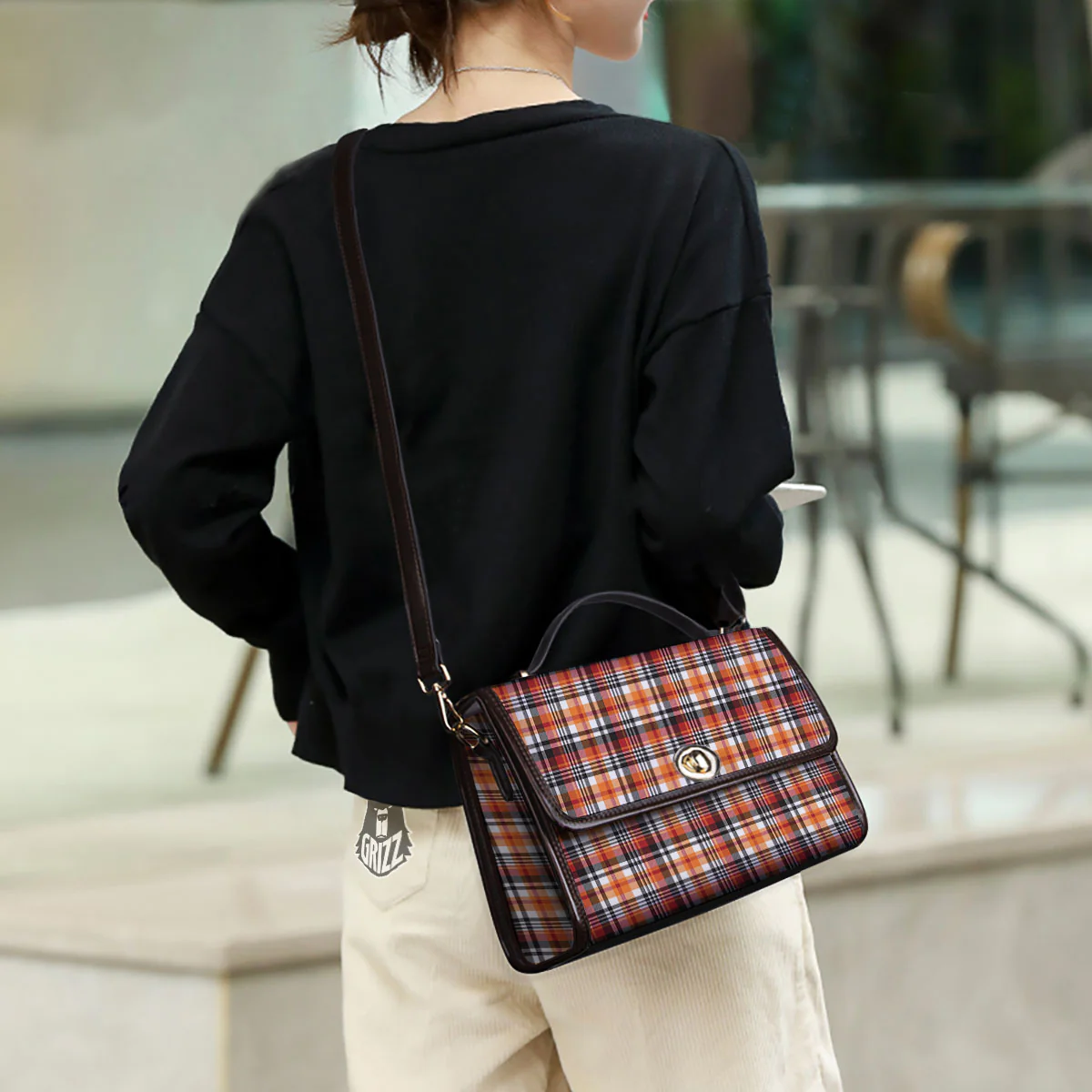Madras Plaid Black And Orange Print Pattern Women's Satchel Bag - Image 3