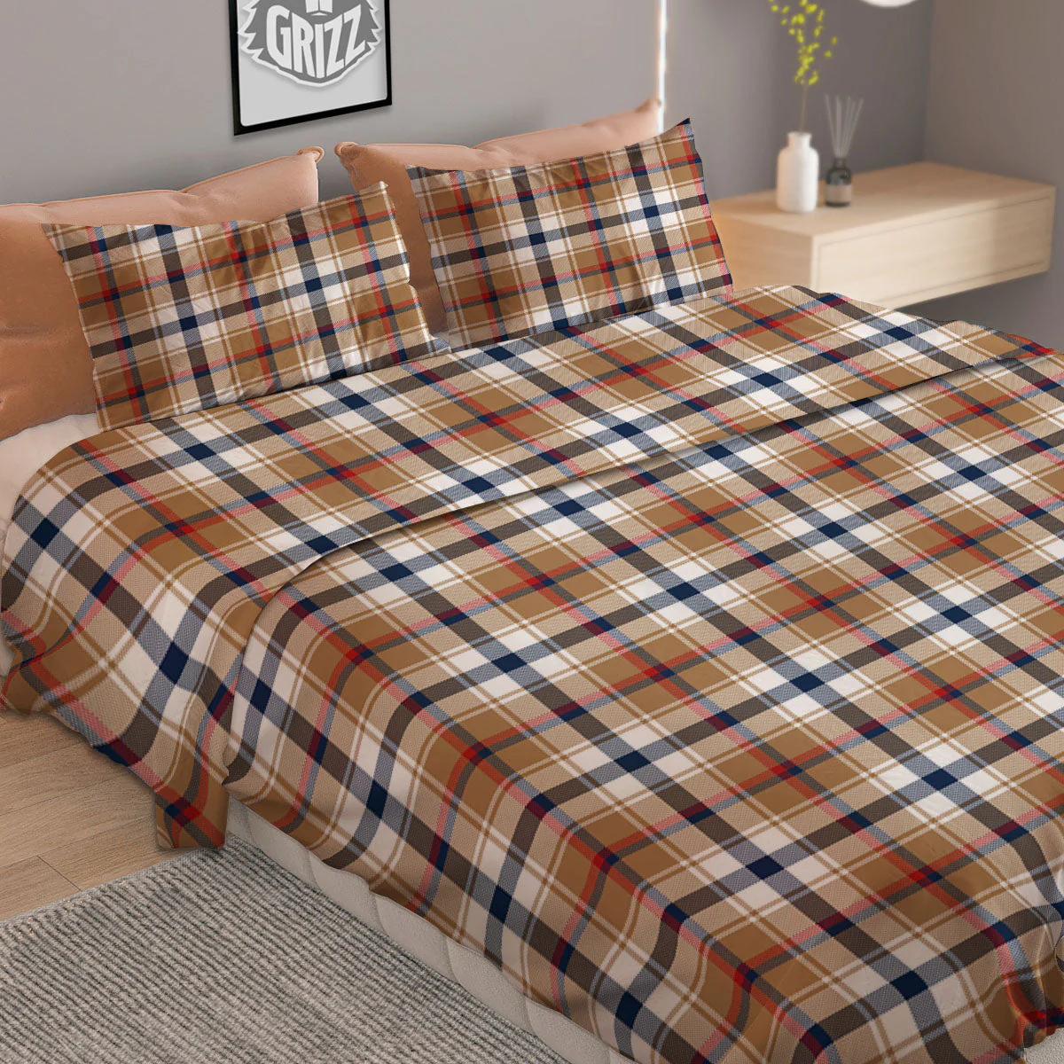 Madras Plaid Red Blue And Beige Print Duvet Cover Bedding Set - Image 2