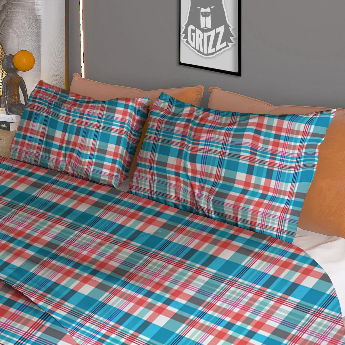 Madras Red And Blue Print Pattern Duvet Cover Bedding Set - Image 3