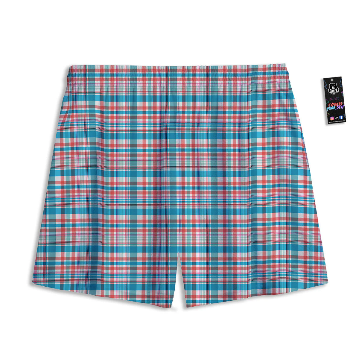 Madras Red And Blue Print Pattern Mesh Shorts - Image 2