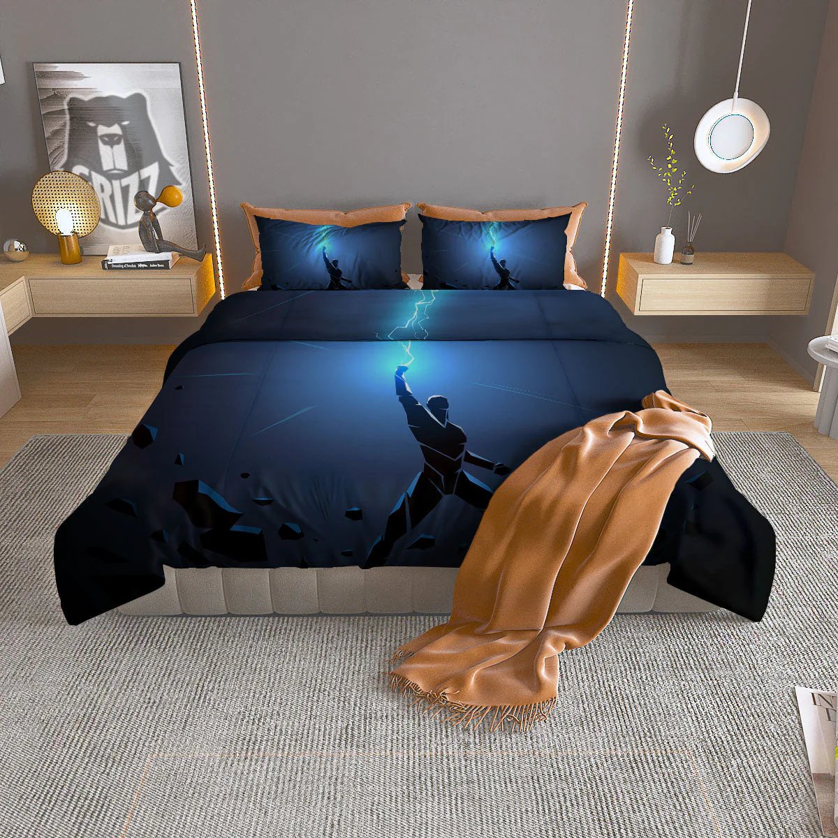 Man And Blue Lightning Print Duvet Cover Bedding Set