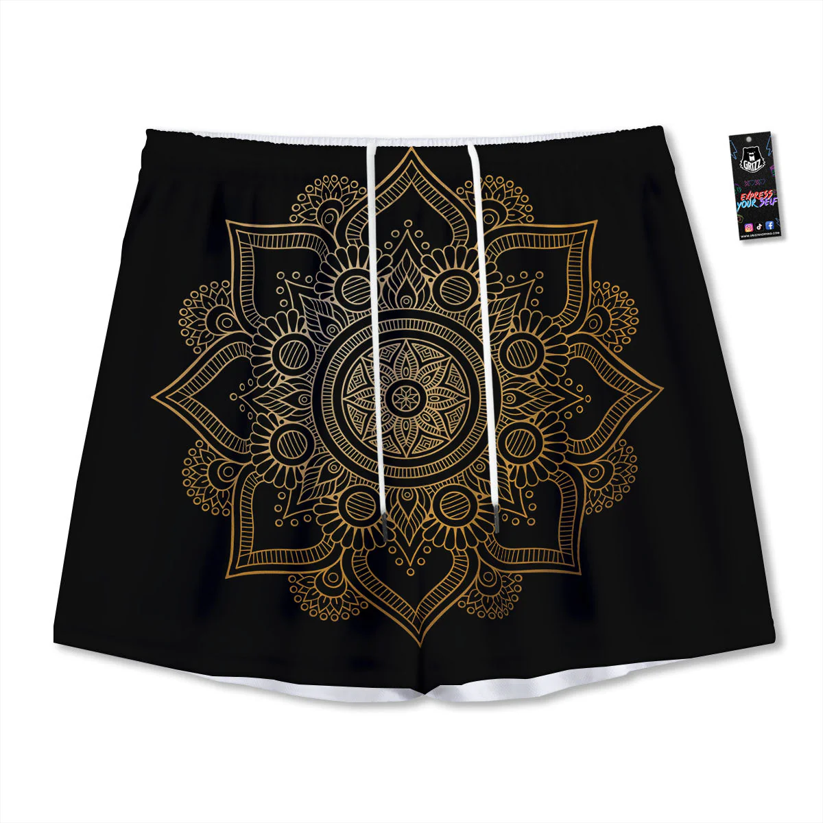 Mandala Black And Gold Print Mesh Shorts
