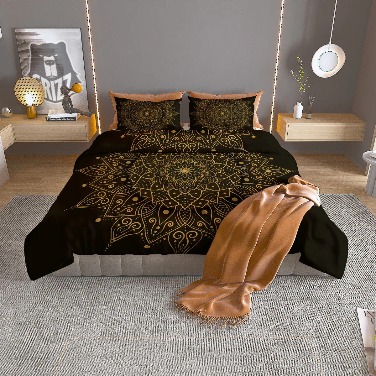 Mandala Gold And Black Print Duvet Cover Bedding Set