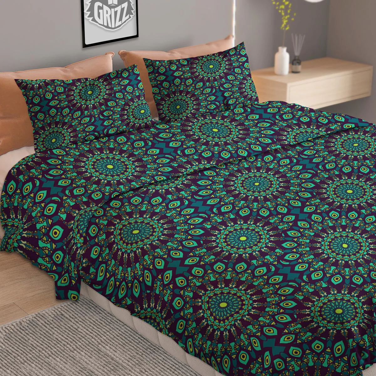 Mandala Teal Bohemian Print Pattern Duvet Cover Bedding Set - Image 2