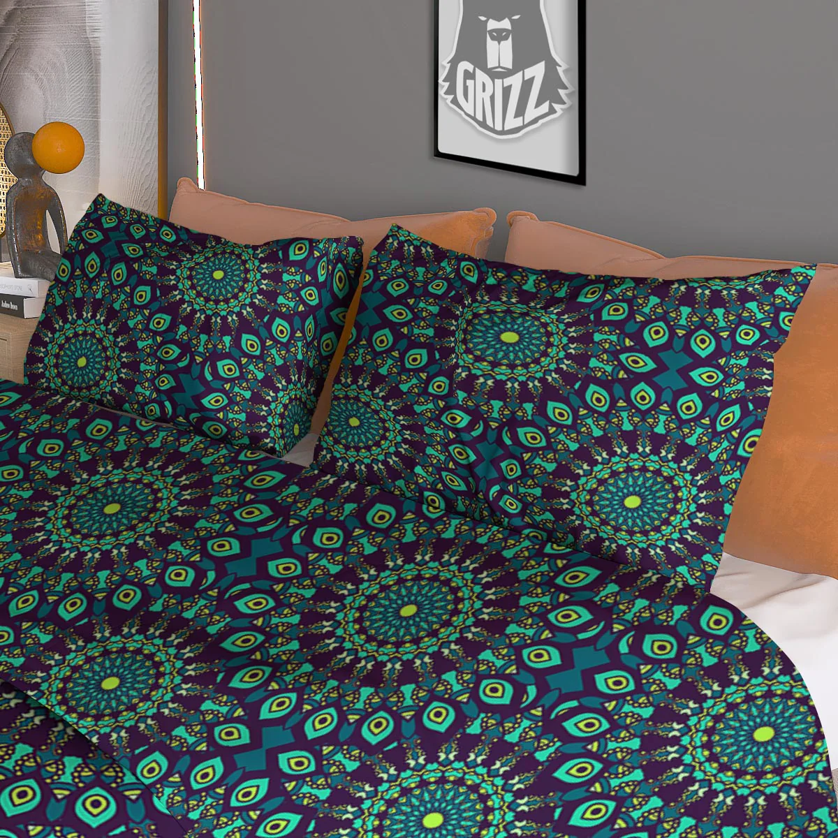Mandala Teal Bohemian Print Pattern Duvet Cover Bedding Set - Image 3