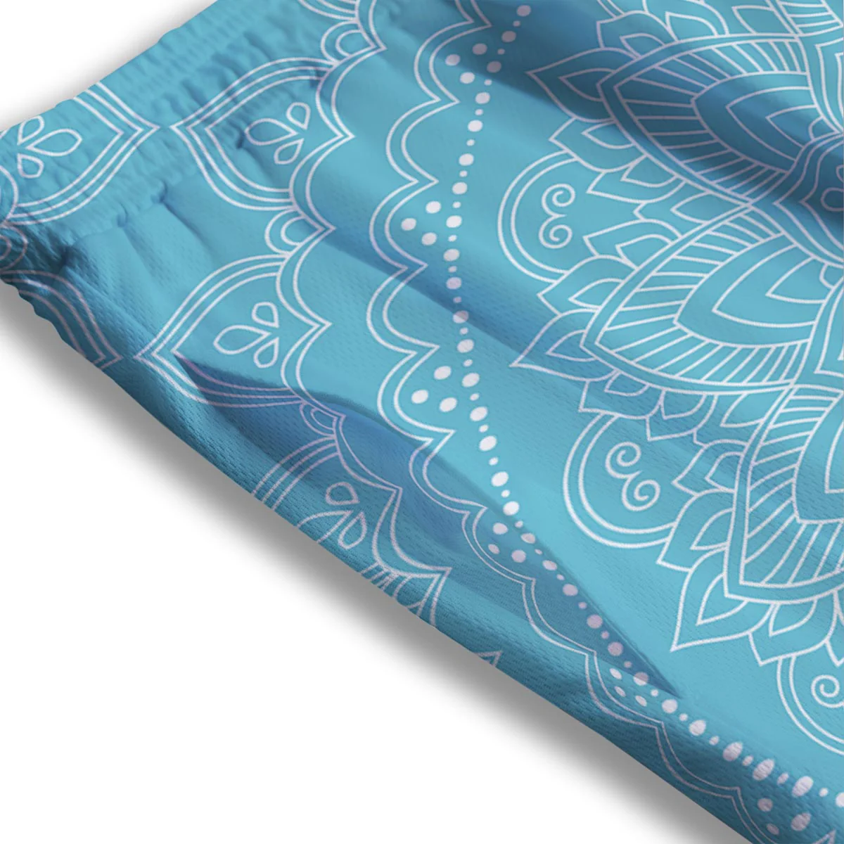 Mandala White And Teal Print Mesh Shorts - Image 3