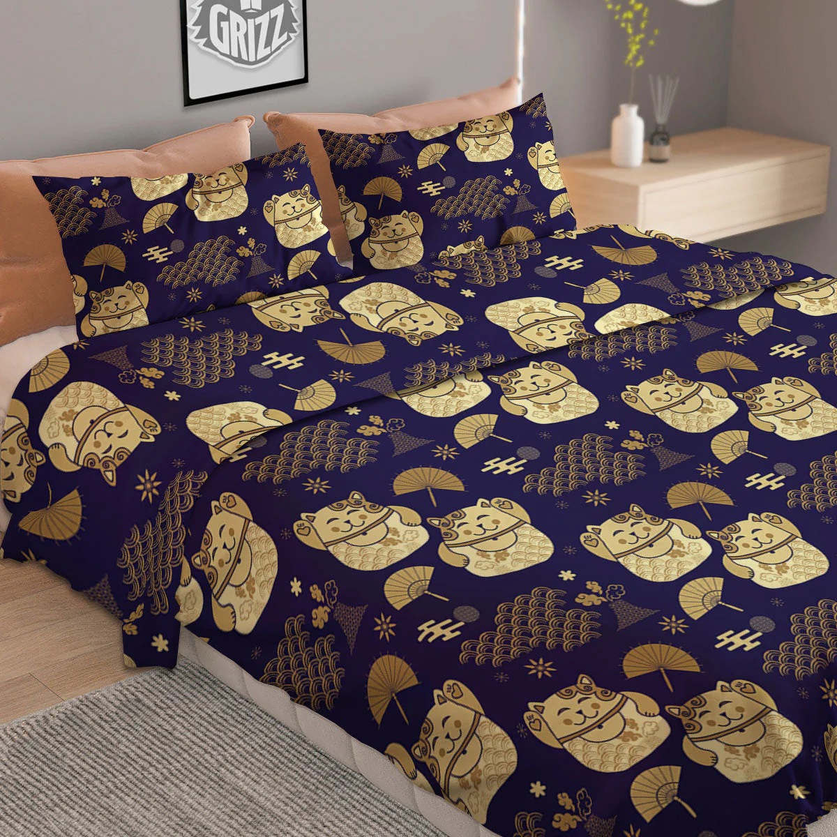 Maneki Neko Cat Japanese Print Pattern Duvet Cover Bedding Set - Image 2