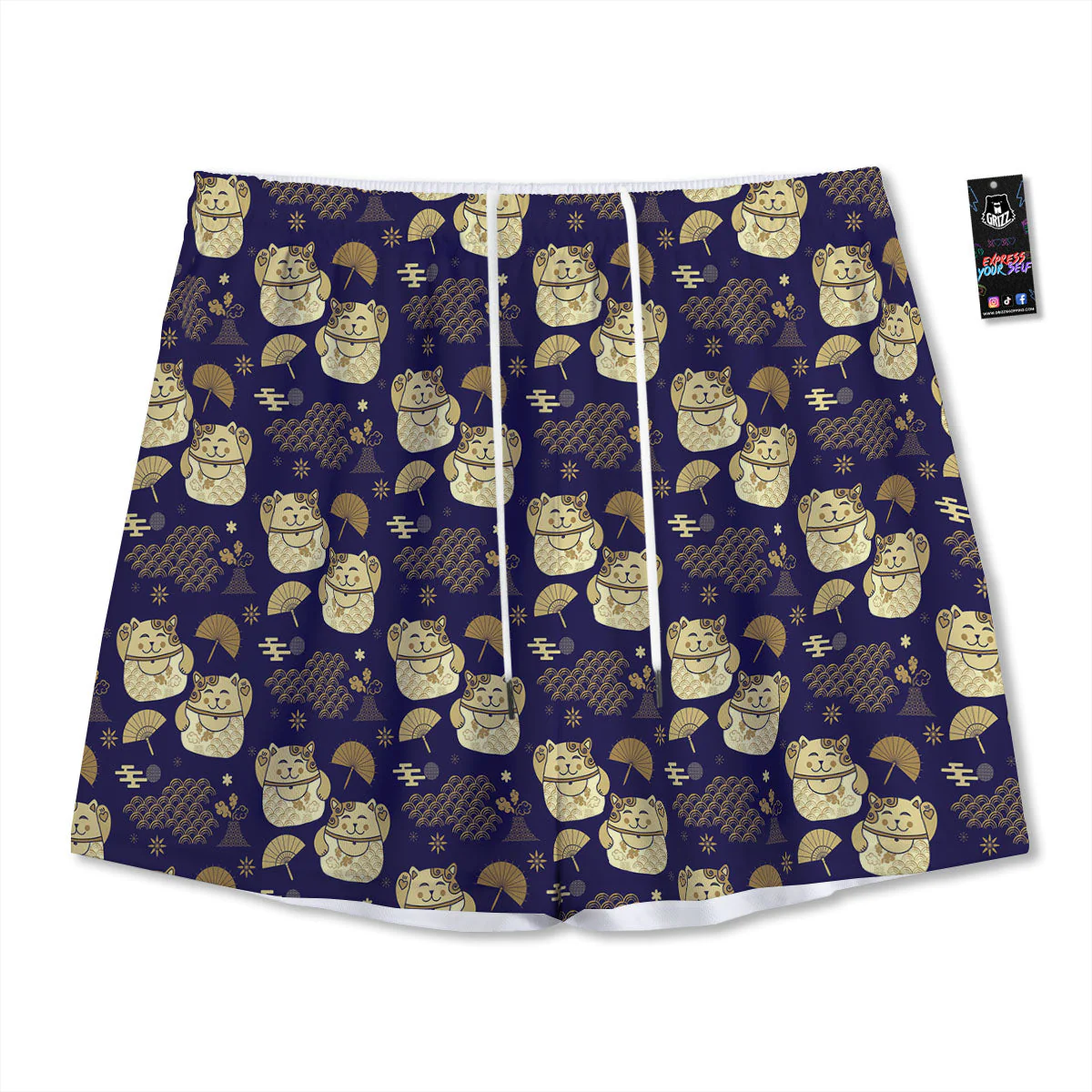 Maneki Neko Cat Japanese Print Pattern Mesh Shorts