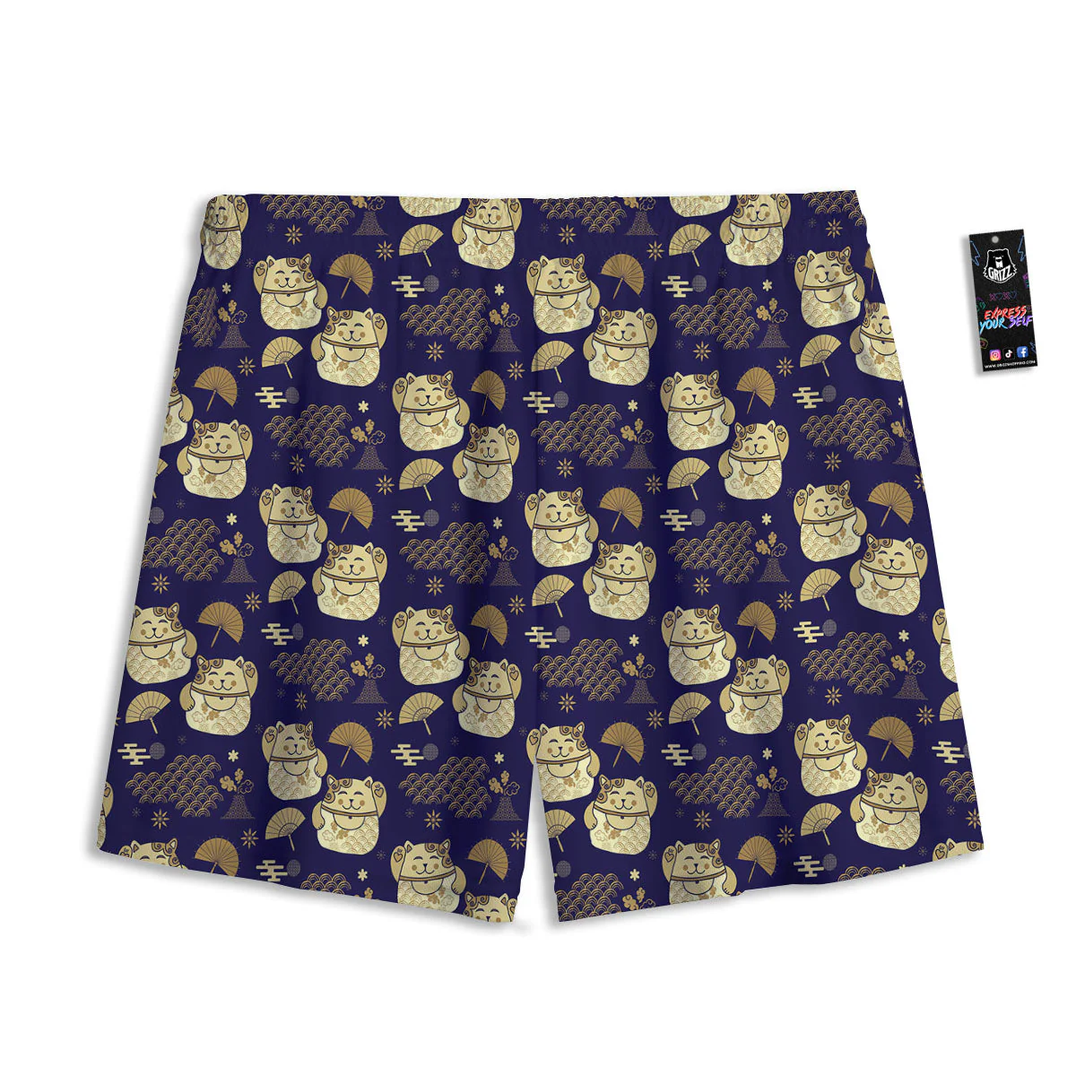 Maneki Neko Cat Japanese Print Pattern Mesh Shorts - Image 2