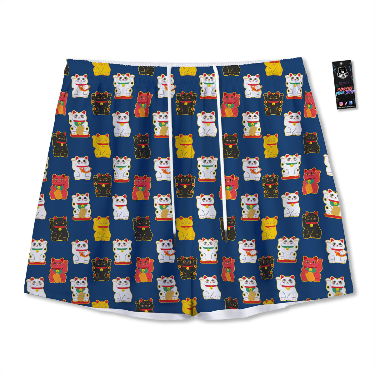 Maneki Neko Colorful Print Pattern Mesh Shorts